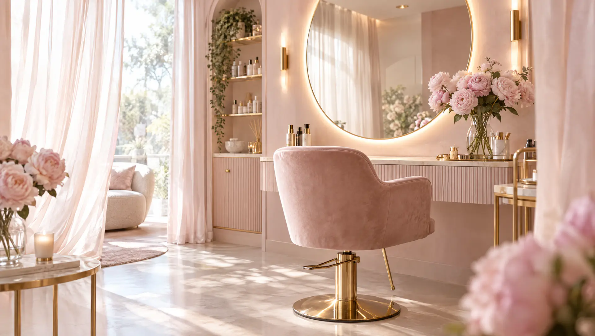 A blush velvet salon chair before a round lit mirror, with peonies and sheer curtains in soft morning light